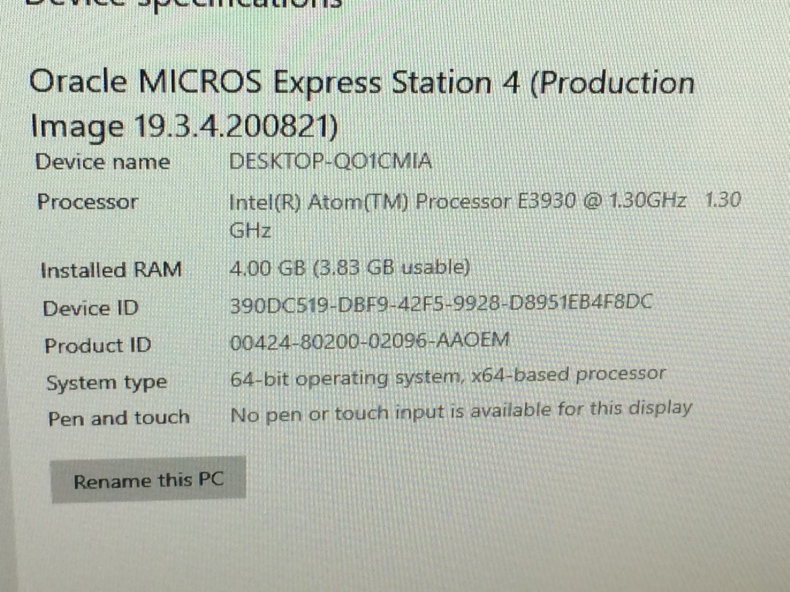 Oracle Micros Express Station 4 Intel Atom E3930 1.3GHz 4GB Ram Windows 8204000