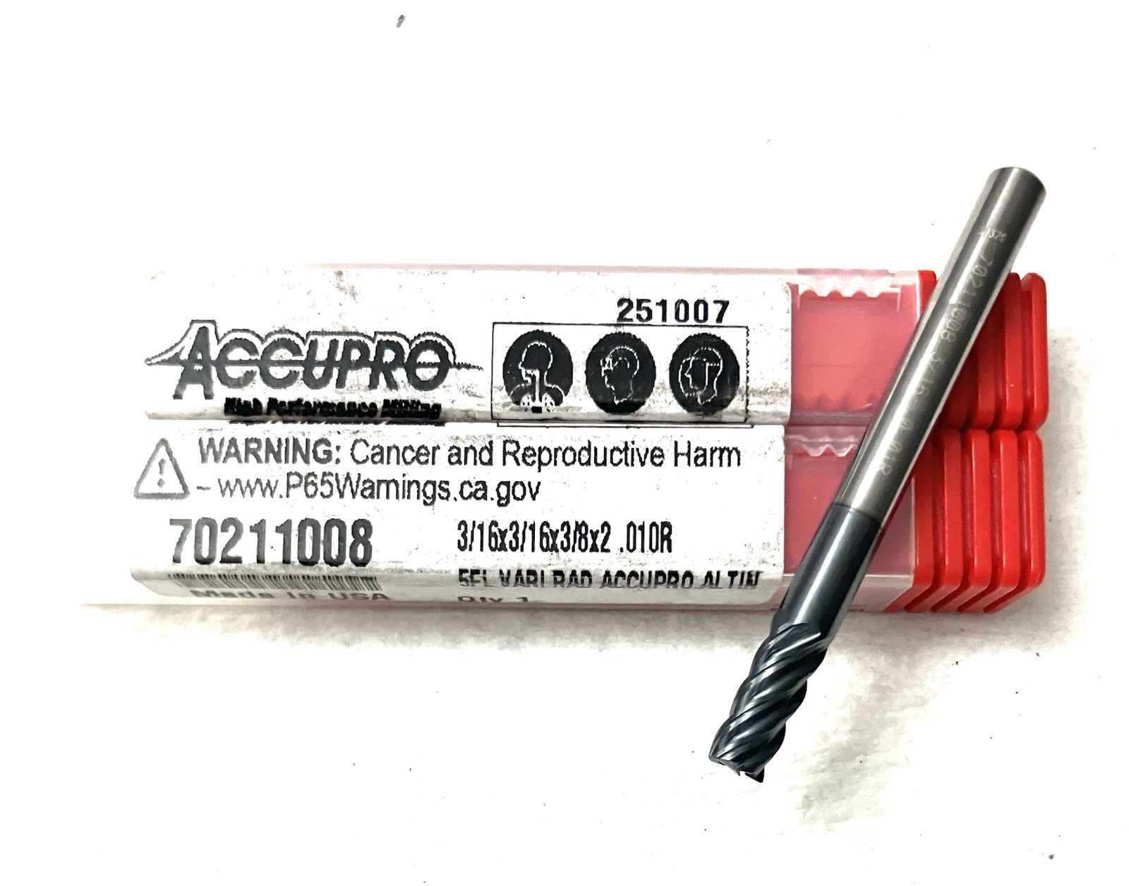 5PC Accupro 70211008 3/16″ 5FL Corner Radius End Mill .01R Solid Carbide AlTiN