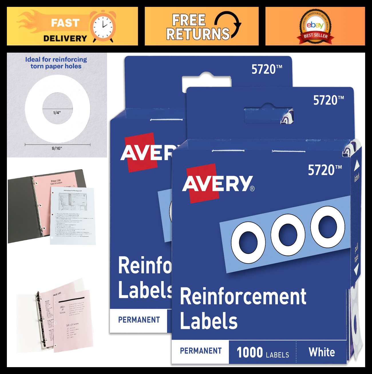 2,000 White Hole Reinforcement Label Stickers – 1,000 Labels per Pack, Durable &