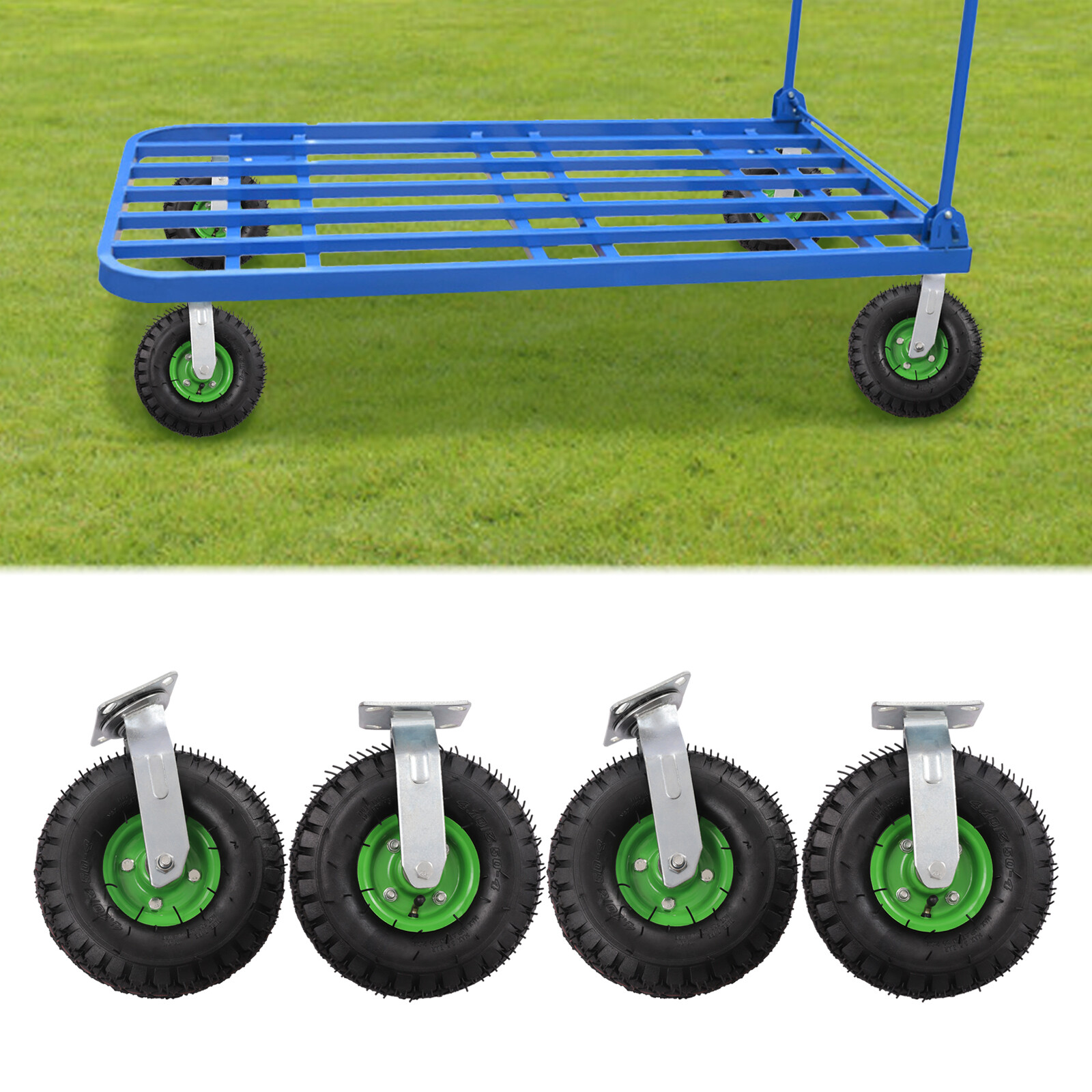 4Pcs 10″ Pneumatic Air Tire Wheel 2 Rigid + 2 Swivel Cart Caster Black Durable