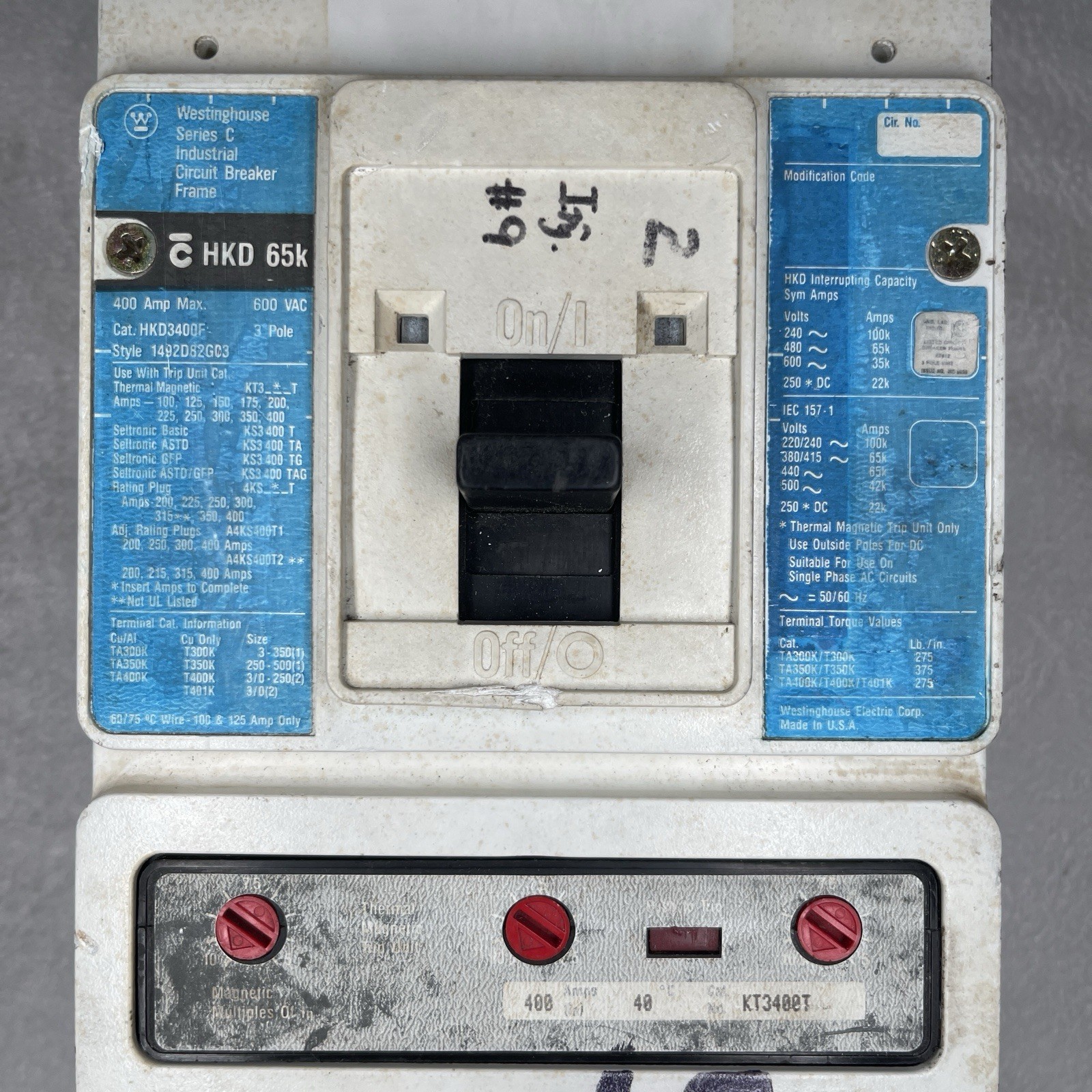 Westinghouse HKD3400F 400 Amp 3 Pole 600 VAC Circuit Breaker KT3400T Trip Unit