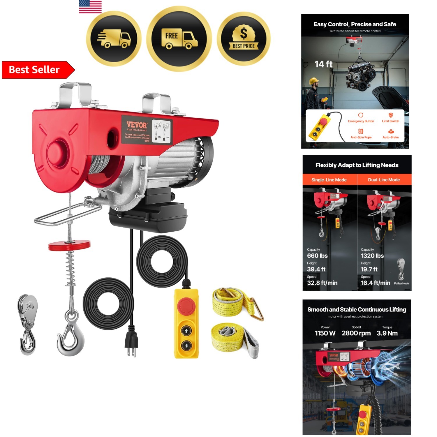 Electric Winch 1320LBS With Remote Control Heavy Duty Lifting Equipment
