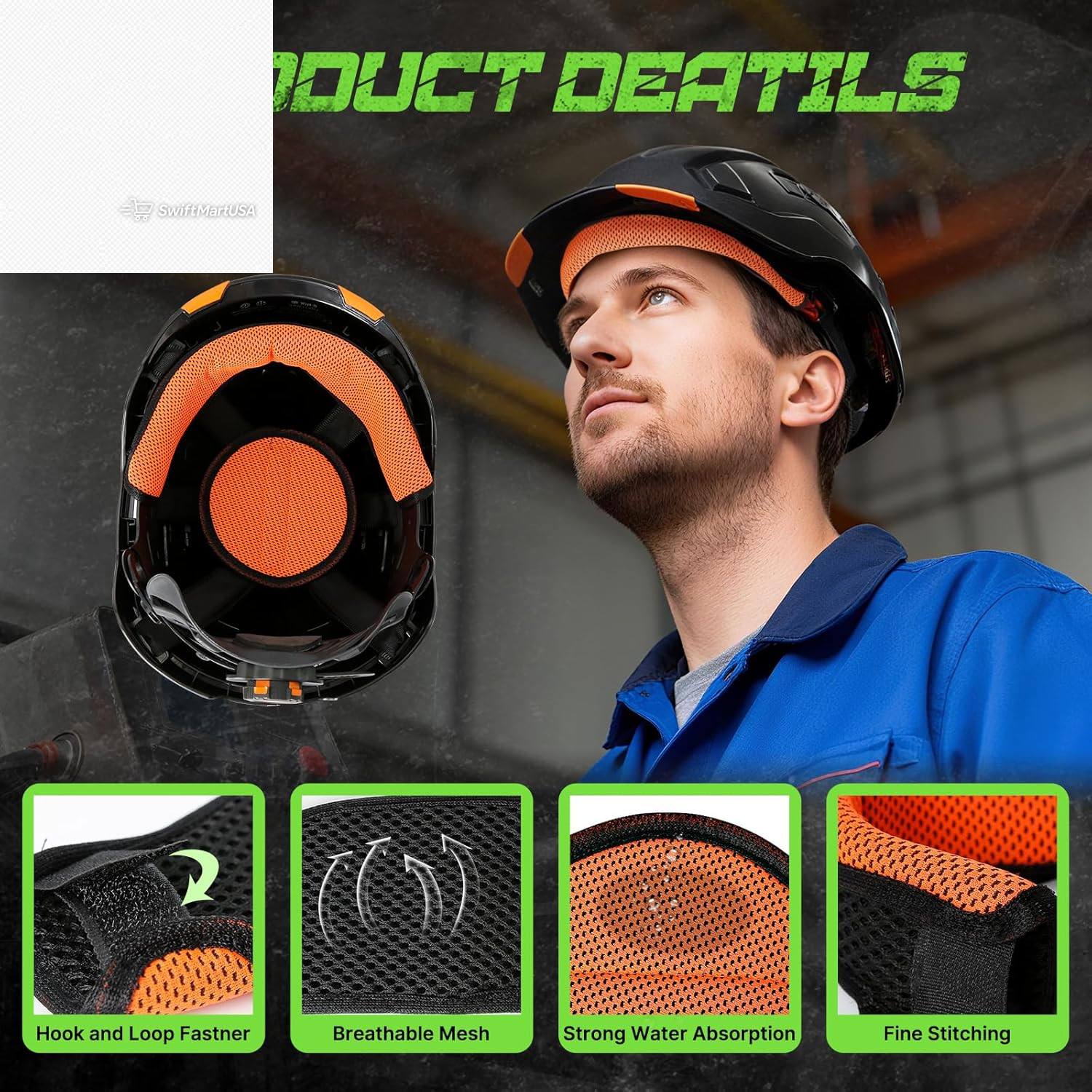 Hard Hat Sweatband and Top Pad Set Washable Helmet Liner Welding Construction