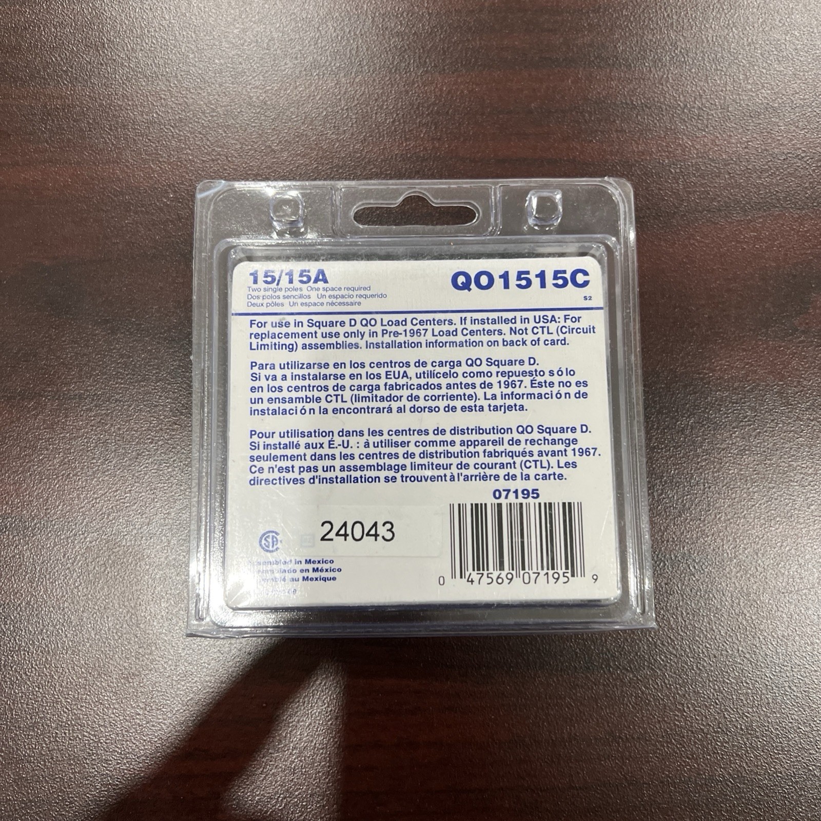 Square D Circuit Breaker 15/15A QO1515C Single Pole Tandem 1 Pole Breaker