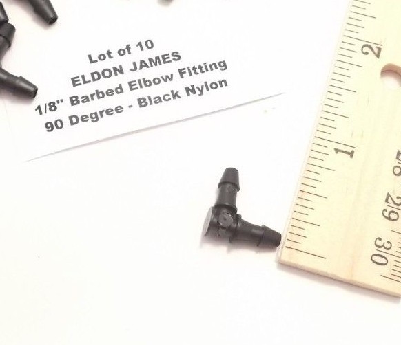 Lot of 10 ELDON JAMES 1/8″ Barbed Elbow Fittings – 90 Degree – Black Nylon –