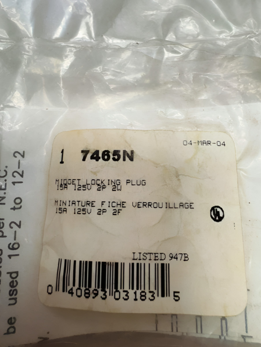 Arrow Hart 7465N Midget Locking Male Plug, 15A, 125V, 2-Pole, 2-Wire