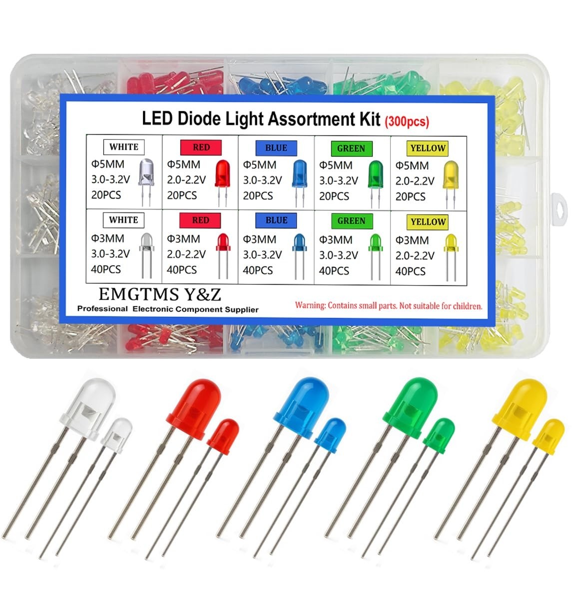 300 Pcs 3mm & 5mm LED Diode Assortment Kit – 5 Colors White/Red/Blue/Green/Ye…