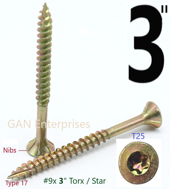 Torx 1-1/4 to 4″ Star Flat Head with nibs Yellow Zinc Type 17 Outdoor Wood Screw