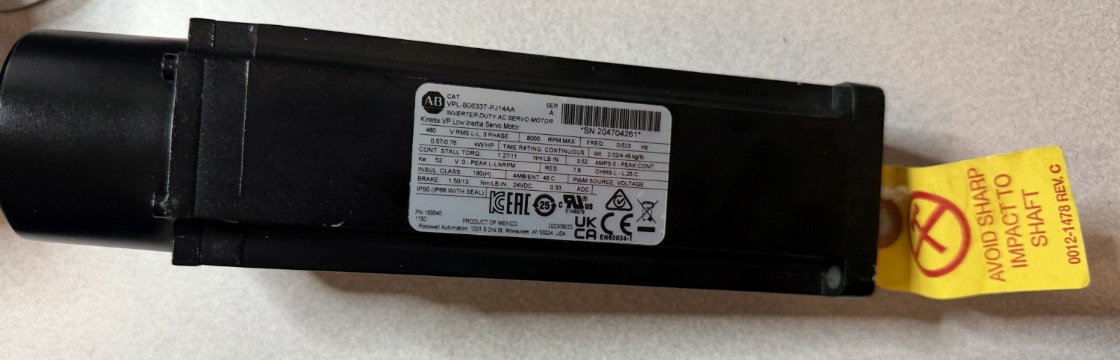 AB VPL-B0633T-PJ14AA Inverter Duty AC Servo Motor Kinetix VP Low Inertia Servo