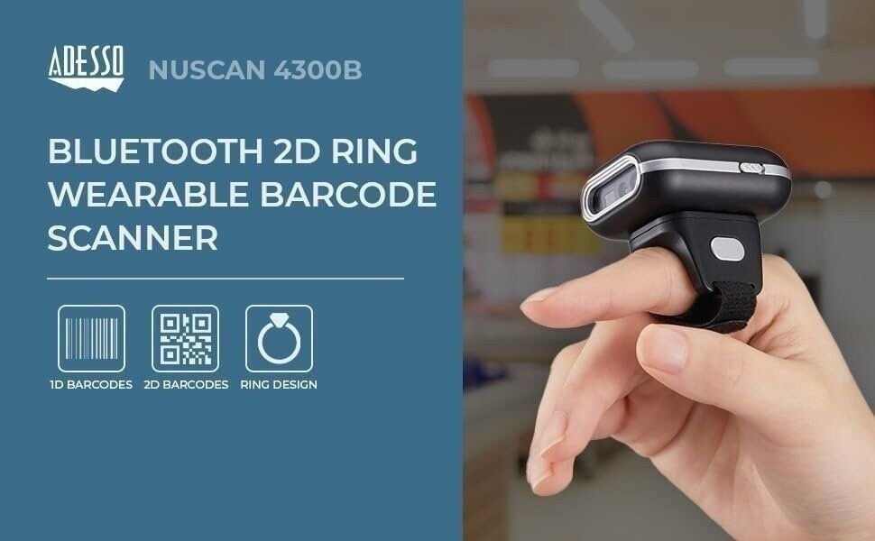 Adesso NuScan 4300B 2D Bluetooth Wireless Ring Finger Barcode Scanner…