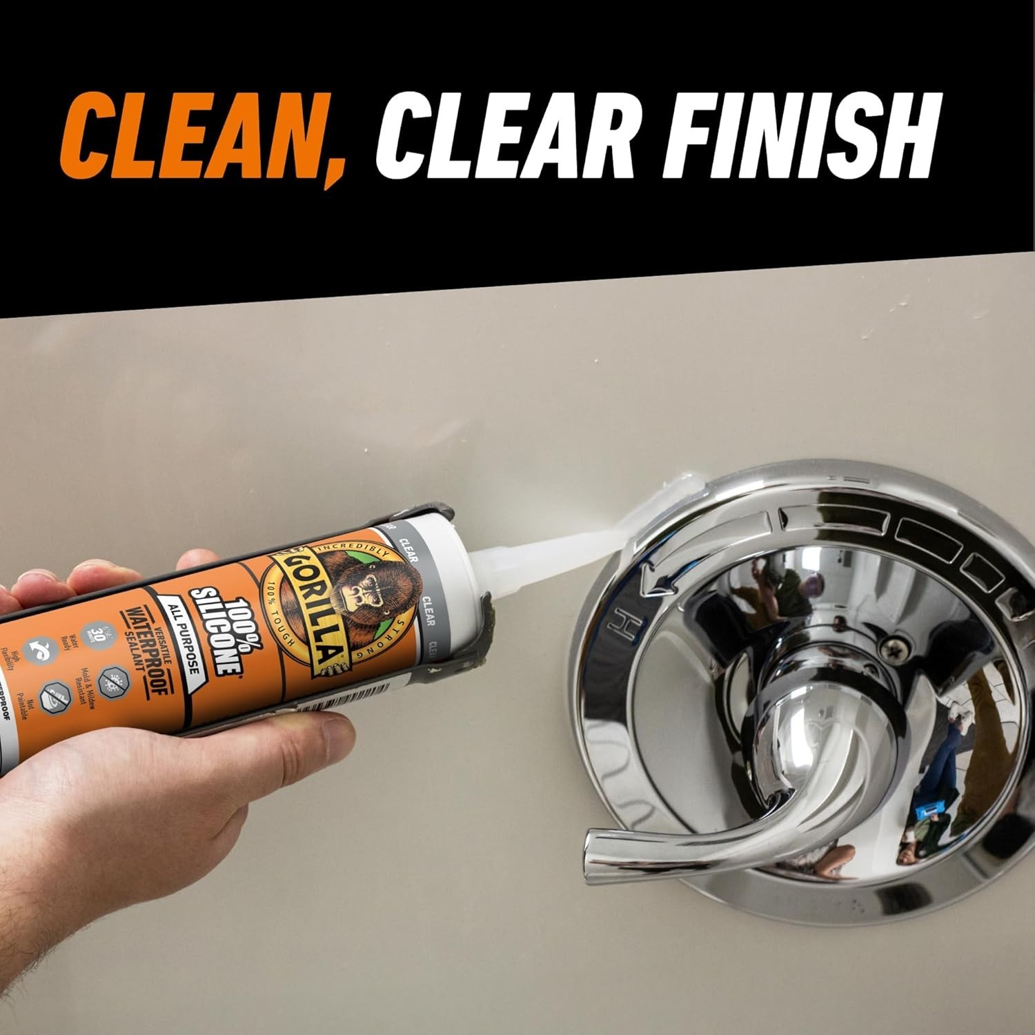 Gorilla 100% Silicone Waterproof Caulk 10 oz, Clear All-Purpose Sealant Glue