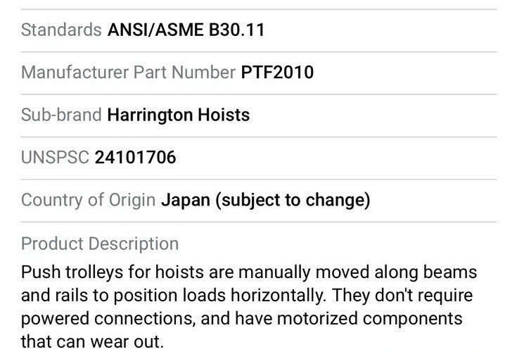 Harrington PTF2010 Push Trolley, 2000 Lb/ 1 Ton, 2 9/32 in – 5 in Beam Flange Wd