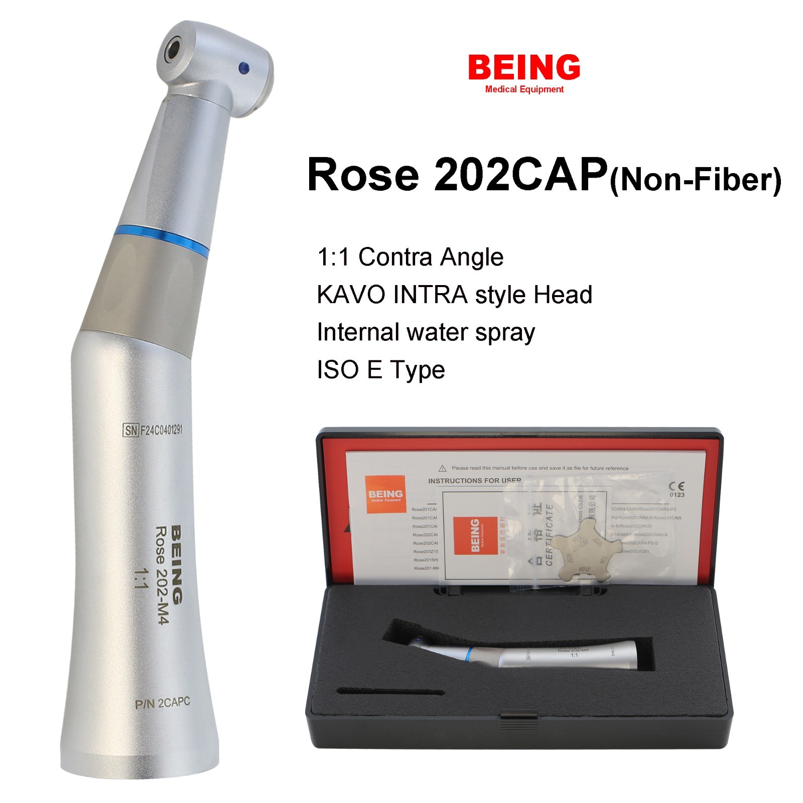 BEING Dental Low Speed Handpiece Contra Angle Air Motor 4H Straight NoseCone 202