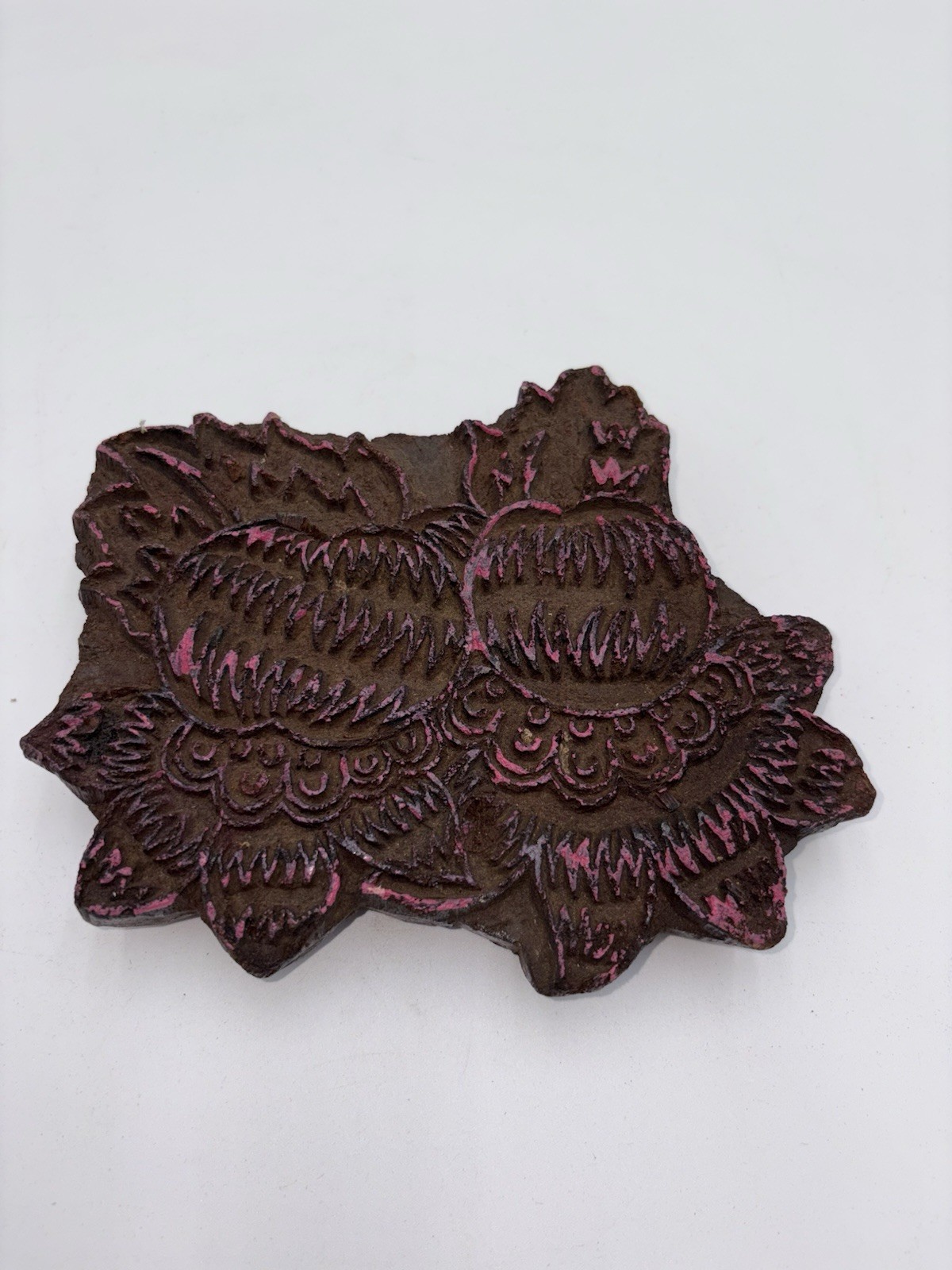 Vintage Hand Carved Wooden Printing Block Flowers W/ Pink Tint Made In India
