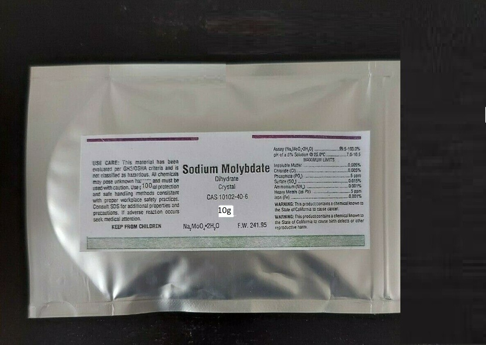 Sodium Molybdate Dihydrate, 99.9%, 10g free shiiping