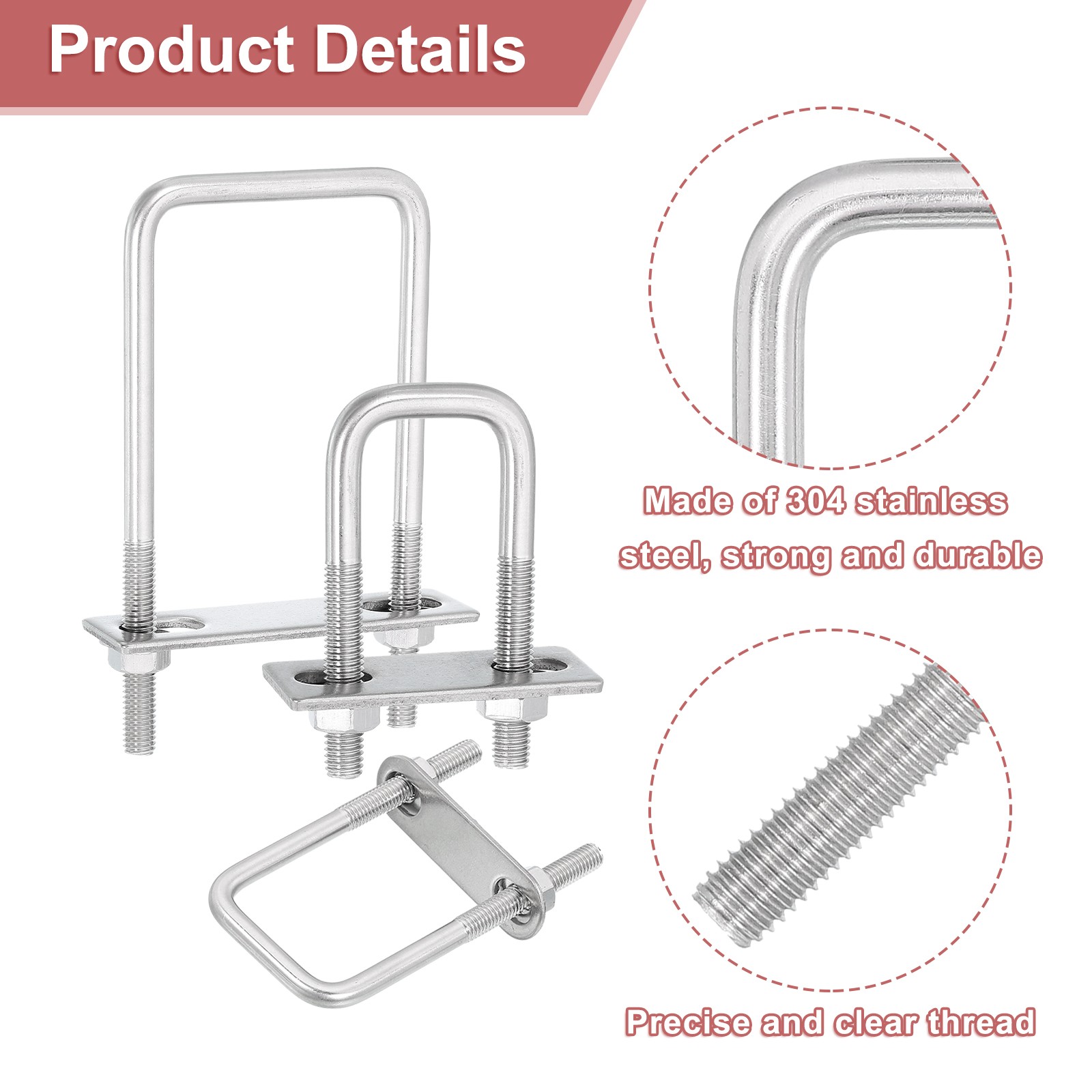 4 Sets 304 Stainless Steel Square U-Bolts 1.37″ Inner Width 3.35″ Length M8
