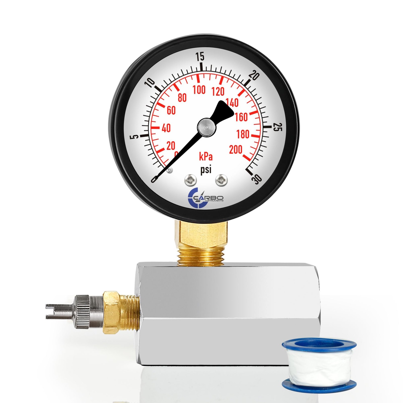 CARBO Instruments Gas Test Pressure Gauge 30 3/4″ FNPT 0-30 psi, Chrome