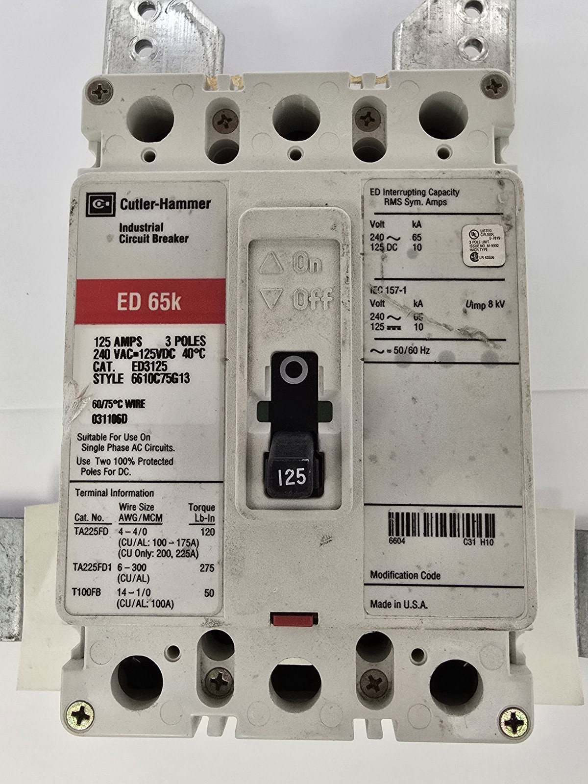 Cutler Hammer ED3125 Circuit Breaker 125A 240V 3P Style 6610C75G13