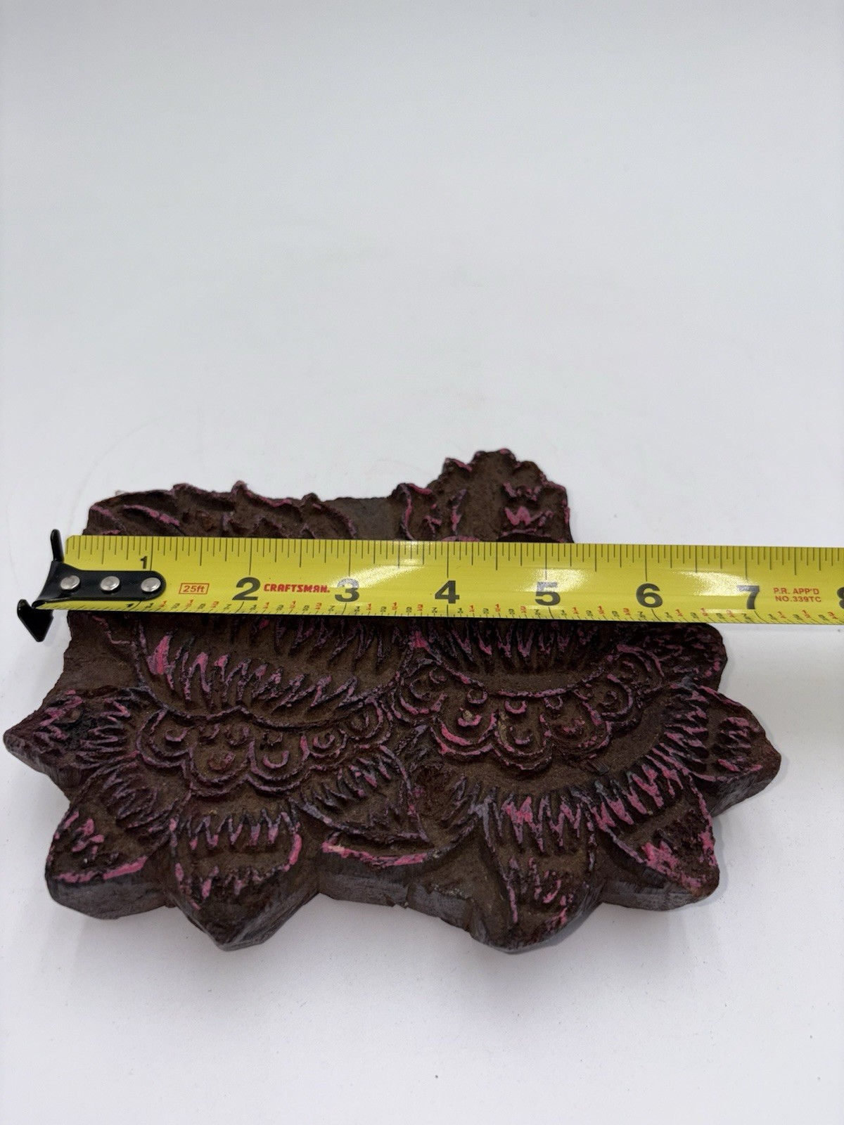 Vintage Hand Carved Wooden Printing Block Flowers W/ Pink Tint Made In India