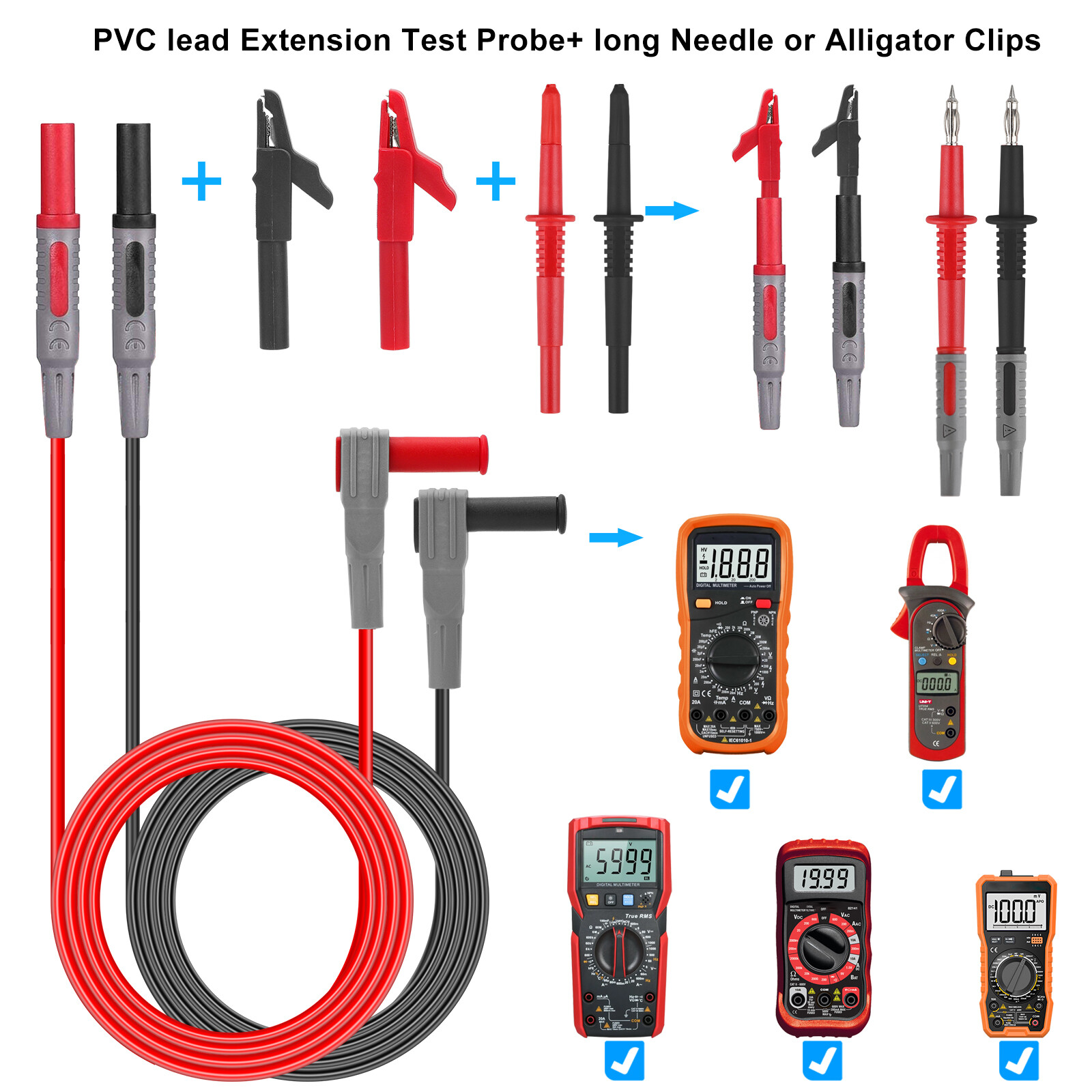 8in1 Multimeter Test Leads Kit 4mm Wire Piercing Clip Probe Plug Tool Automotive