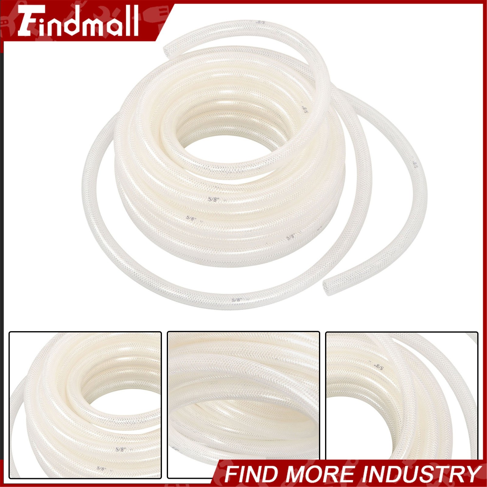Findmall 50ft 5/8’’ ID × 7/8’’ OD Clear Braided PVC Hose High Pressure