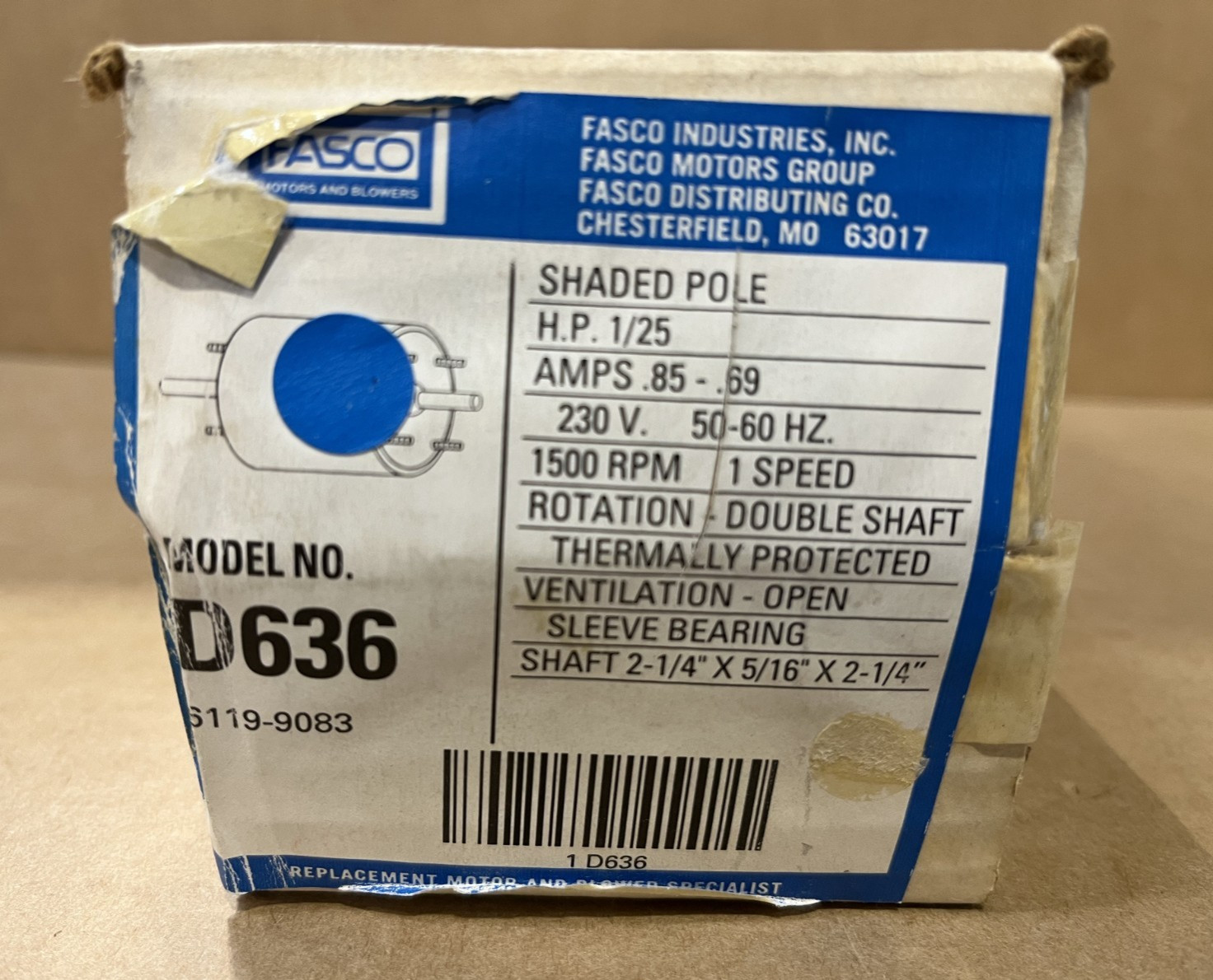 Fasco D636 Shaded Pole Motor 1/25 HP 1500 RPM 230 Volt .85-.69 Amps 50-60HZ