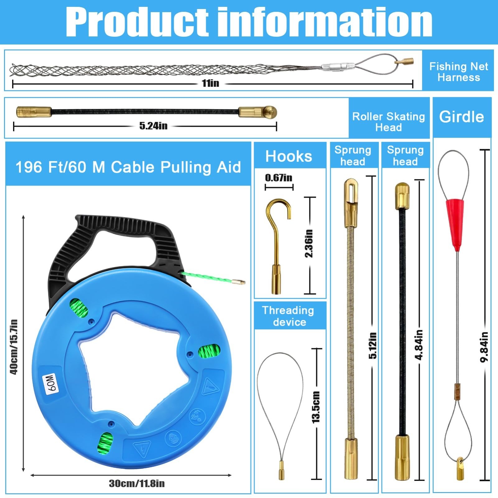 Non-Conductive Fish Tape Wire Puller 196FT with 7 Adapters | Fiberglass Electric