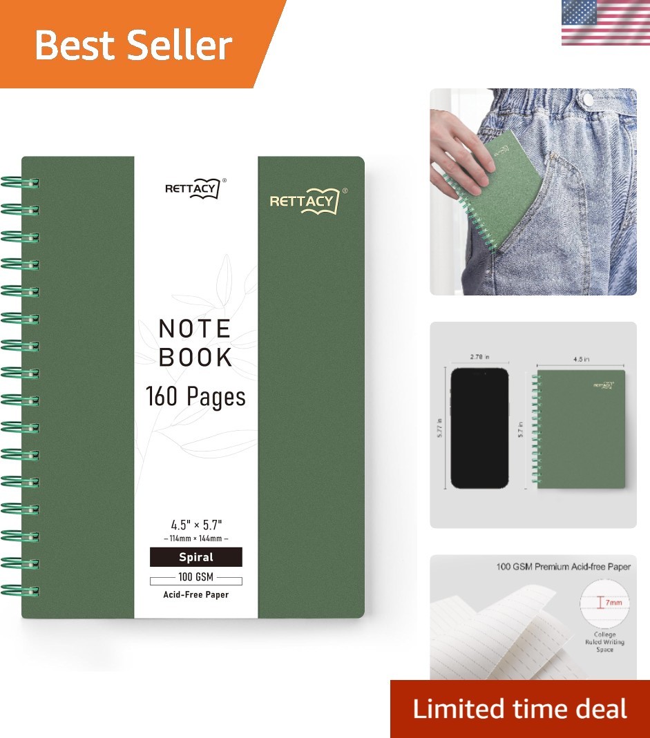 Compact Dark Green Pocket Notebook – 160 Acid-Free Lined Pages, Lay-Flat Design
