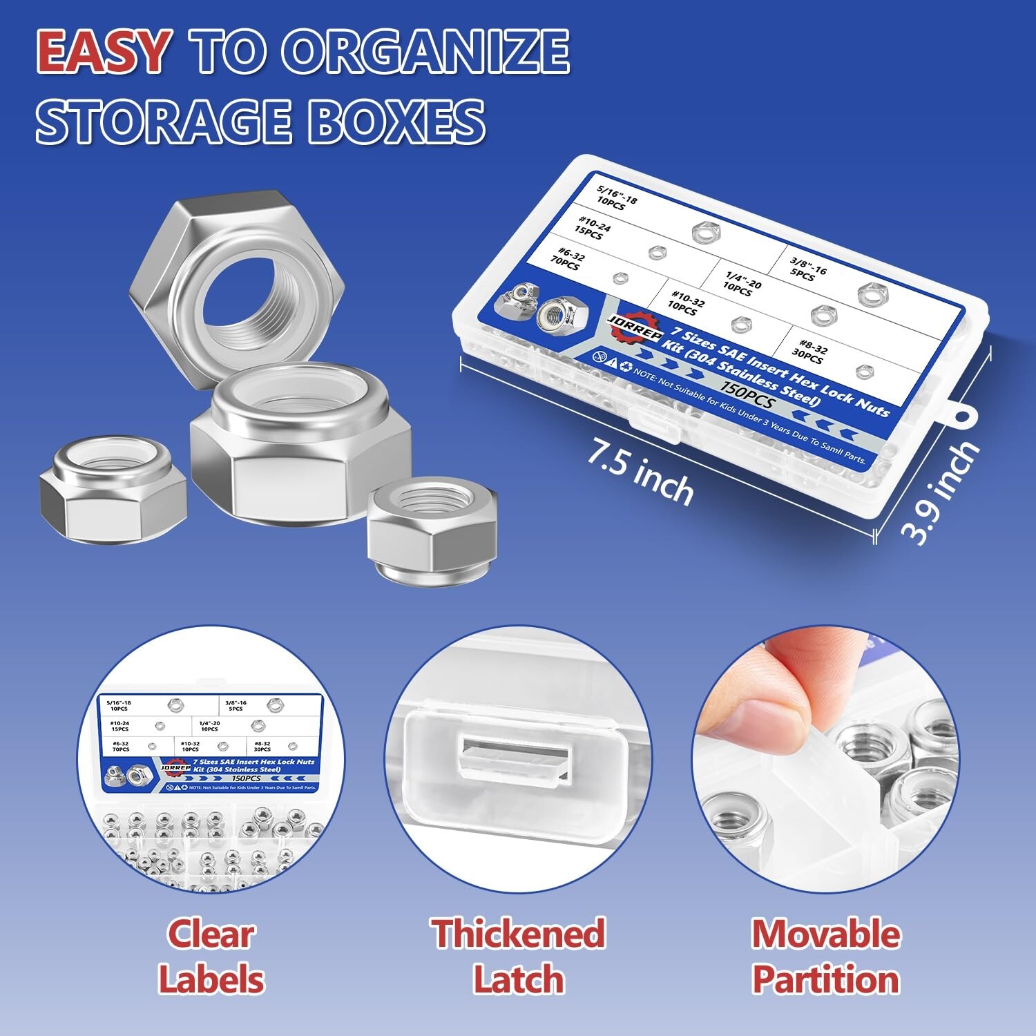 150PCS Hex Lock Nuts Assortment Kit 304 Stainless Steel SAE Nylon Insert 7 Sizes