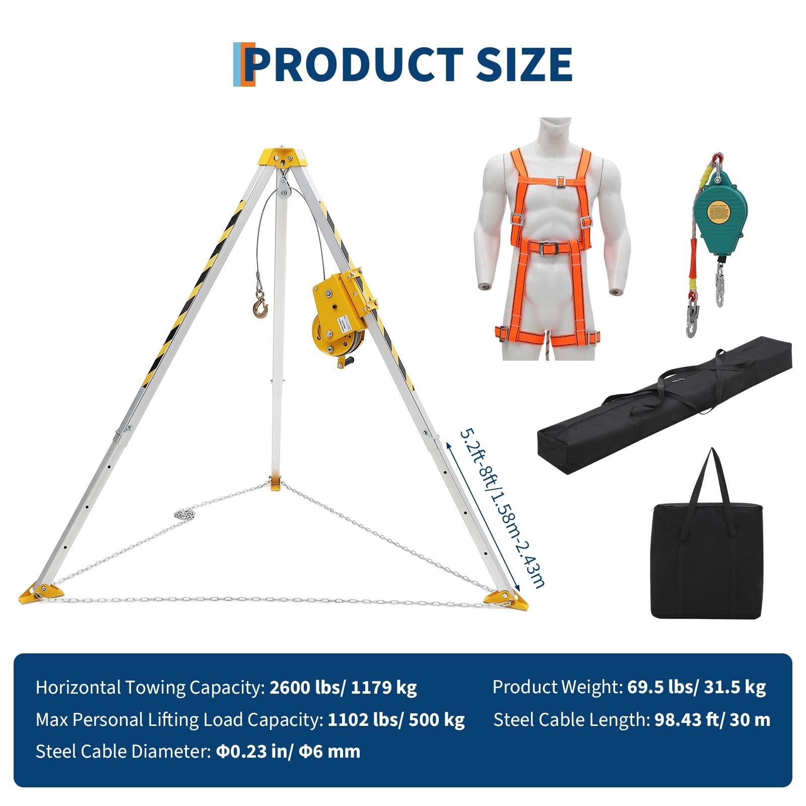 Confined Space Tripod Kit, 2600 Lbs Winch, 8ft Legs & 98ft Cable, Rescue Tripod