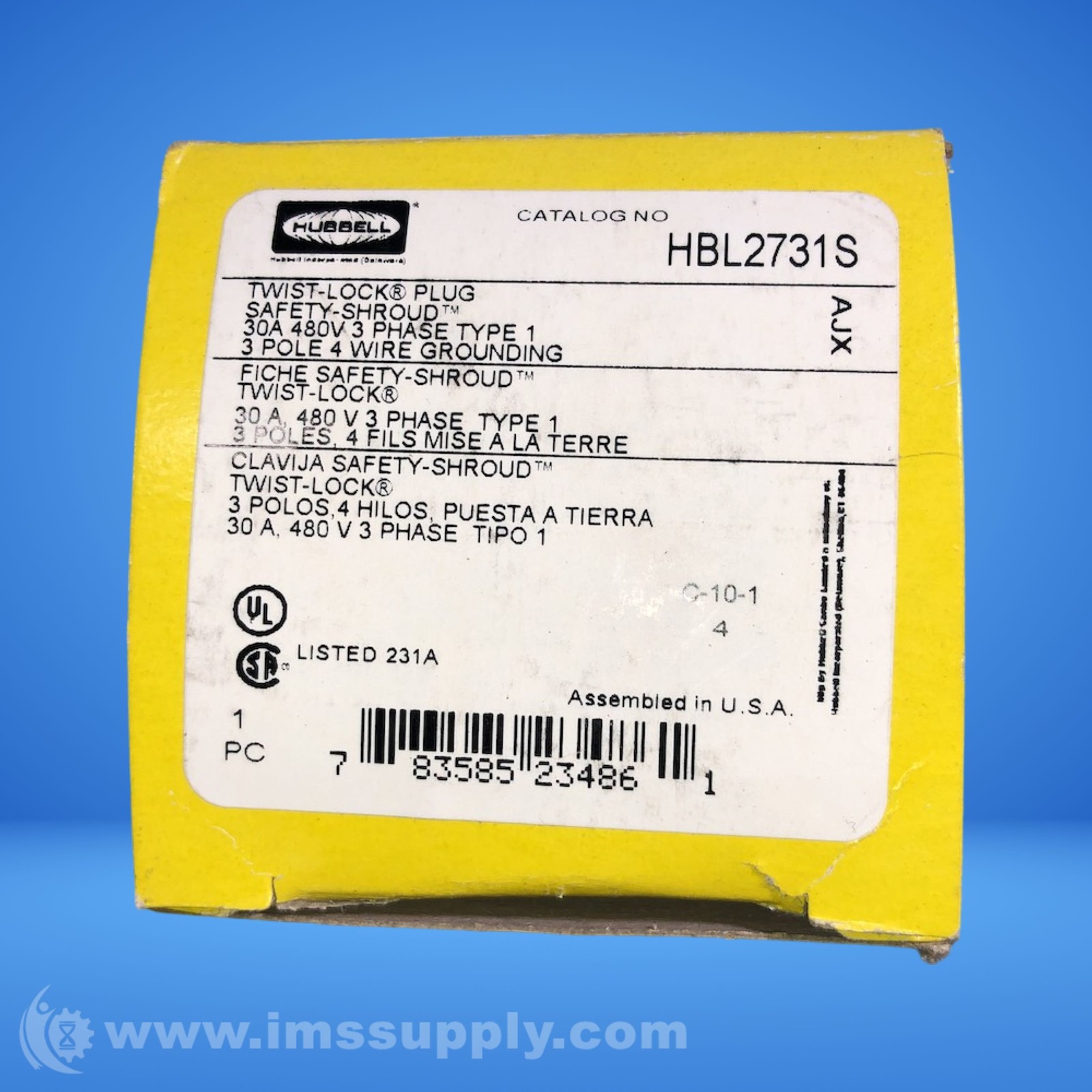 Hubbell HBL2731S 30A 480V 3P4W Locking Plug FNOB