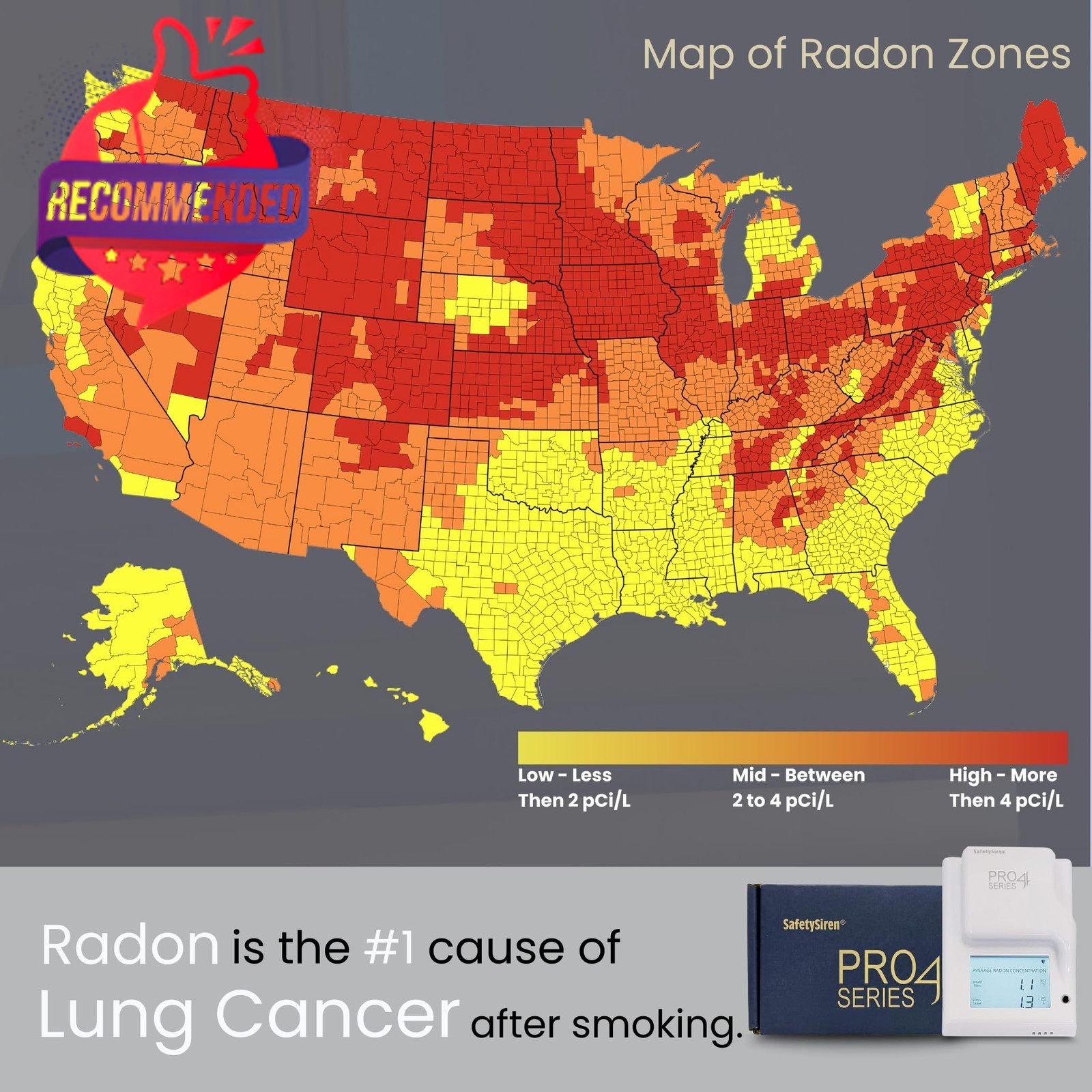 Safety Siren Pro4 Plug-in Radon Detector, Continuous Radon Gas Monitoring With