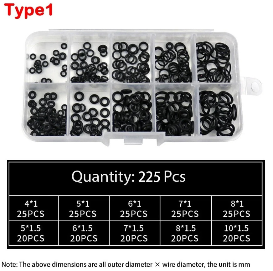 225pcs Rubber O-Ring Seal Kit Nitrile Gasket Assortment Repair Set Box – NEW