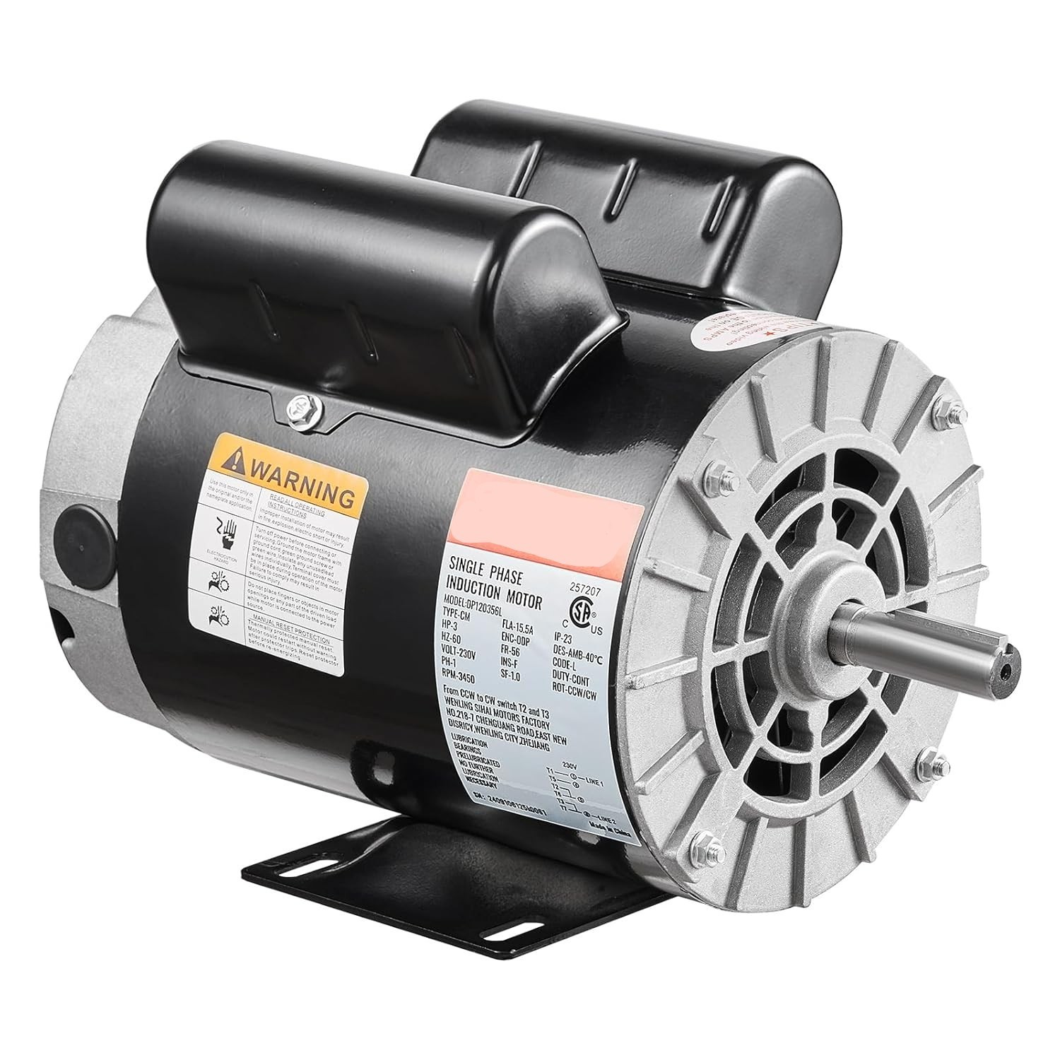 3HP Air Compressor Motor 230V 3450RPM 56 Frame Single Phase CW CCW Shaft
