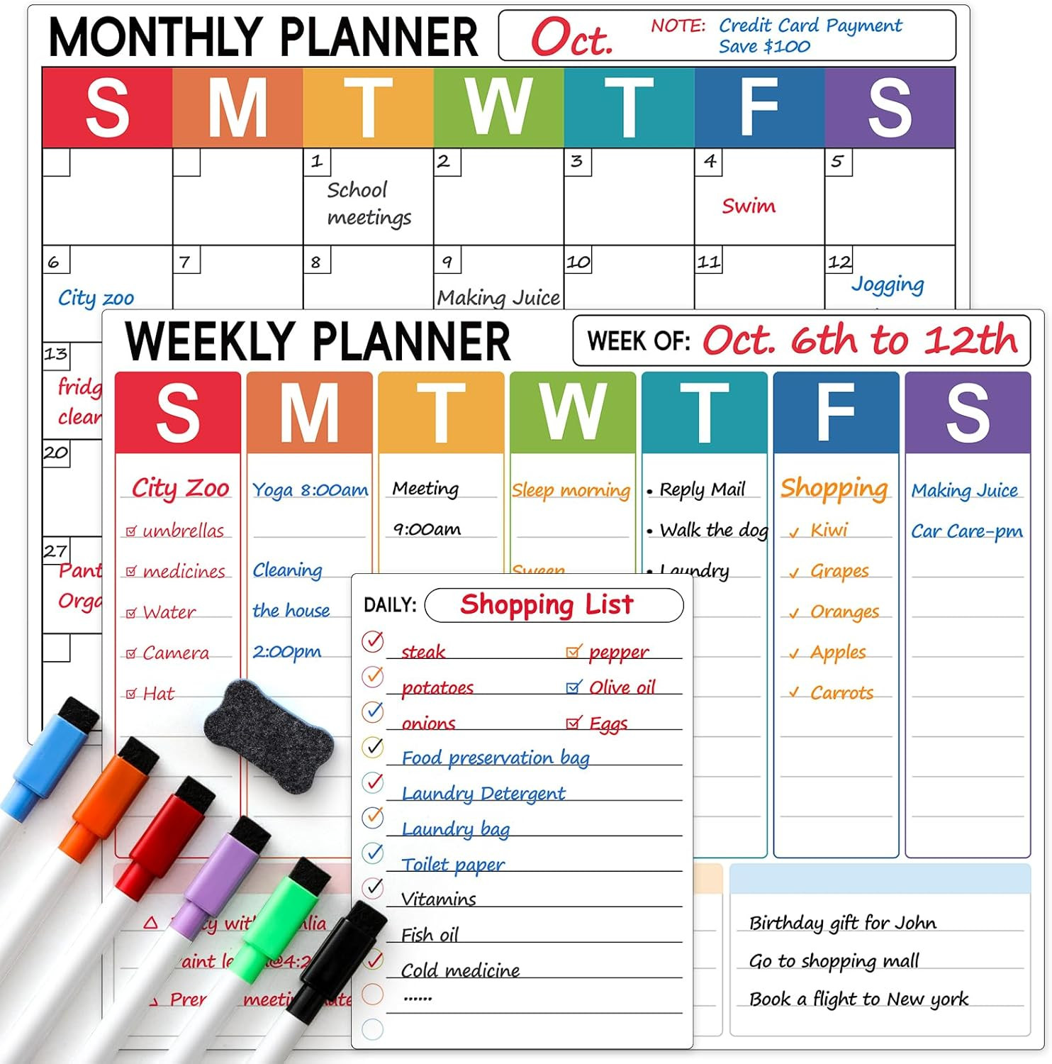 3 Pack Dry Erase Magnetic Calendar for Refrigerator – Monthly & Weekly & Daily P