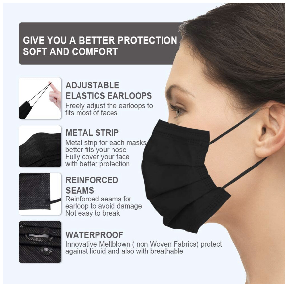 50 & 100 PCS Black Face Mask Mouth & Nose Protector Respirator Masks with Filter
