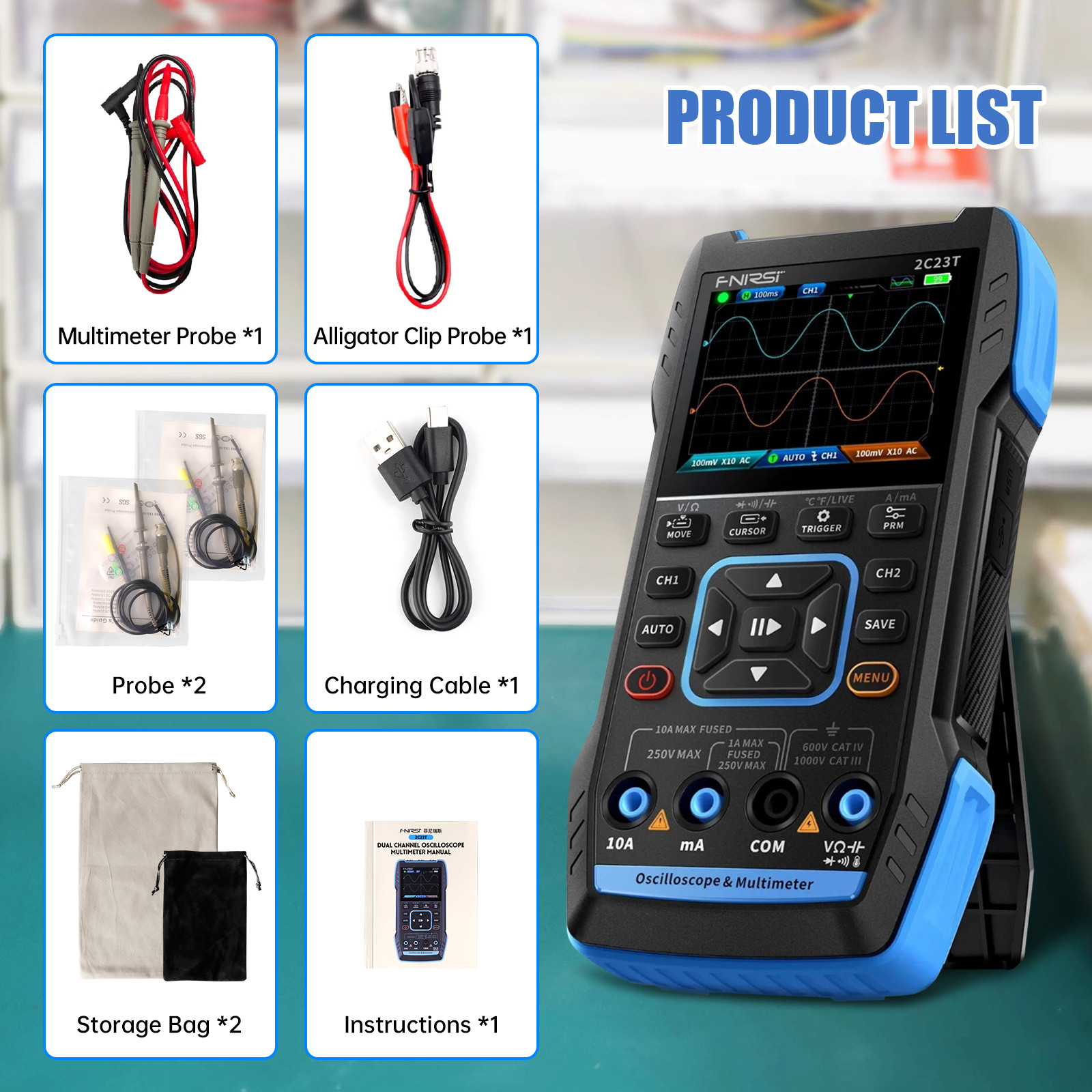 Portable FNIRSI 2C23T Handheld Digital Oscilloscope+Multimeter+Signal Generator
