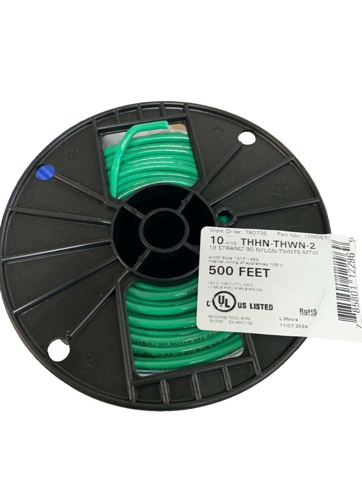 New 500’ 10 AWG THHN THWN RoHS Stranded Copper Wire in Red Black White or Green