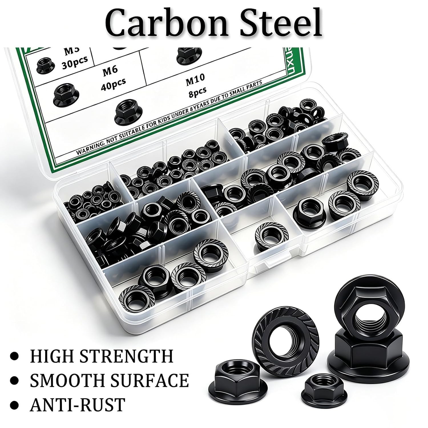 136PCS 6 Metric Sizes Black Carbon Steel Hex Flange Nuts Assortment Kit -M3, …