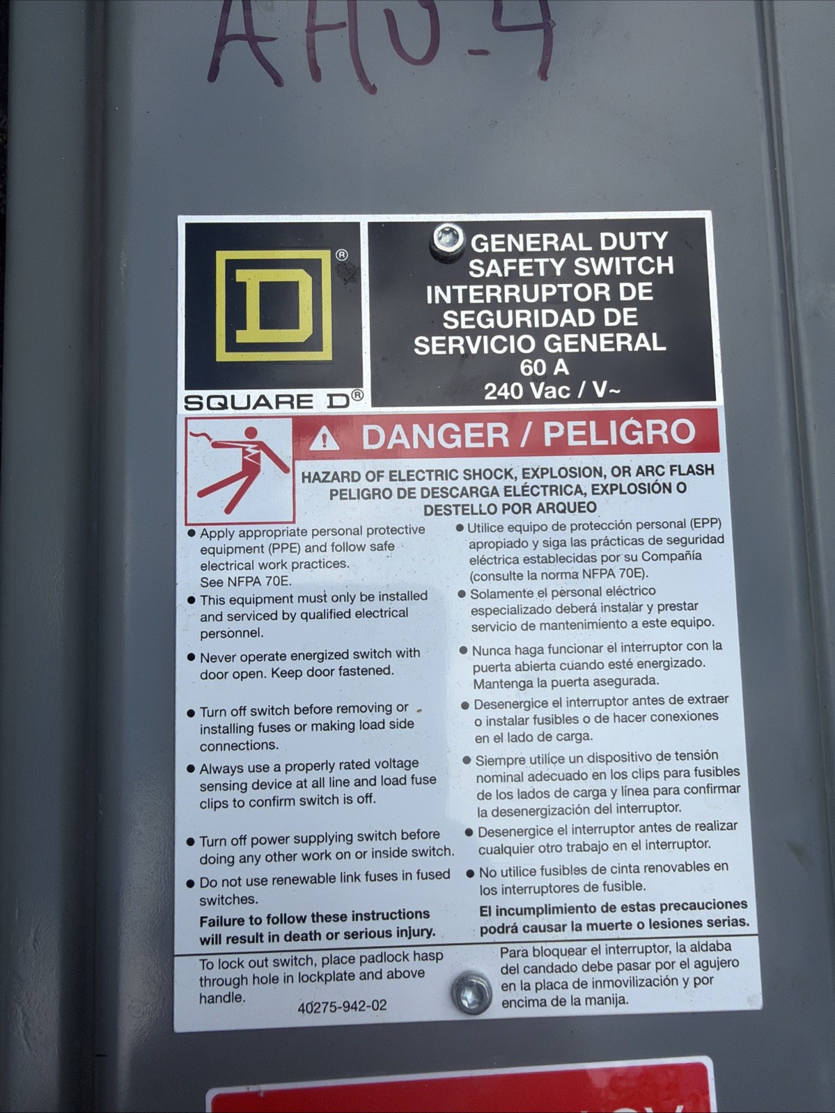 SQUARE D D222N FUSIBLE SAFETY SWITCH 60 AMP 240V LG