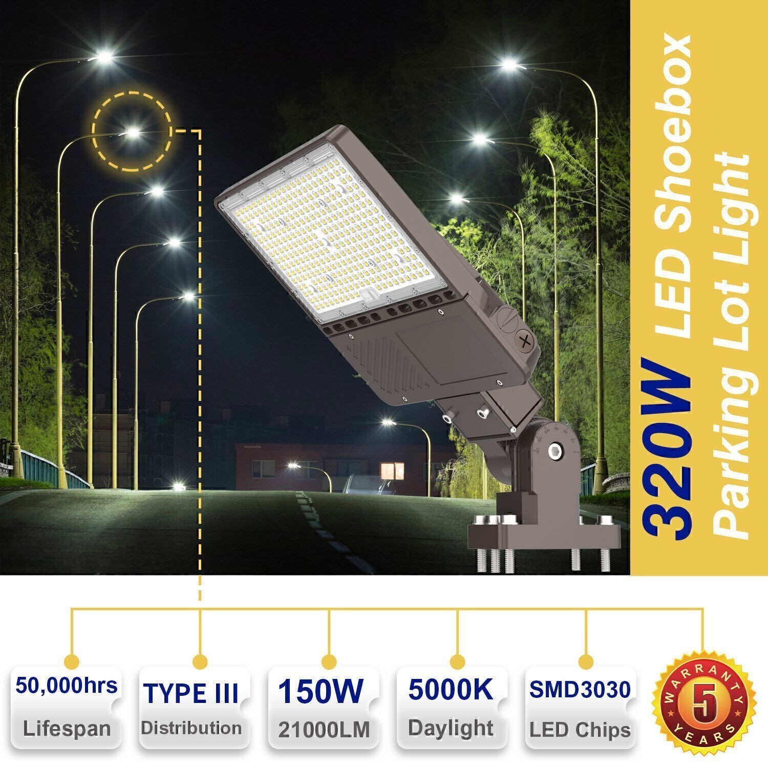 150W LED Parking Lot Light Outdoor Commercial Shoebox Street Fixture 22,500LM UL