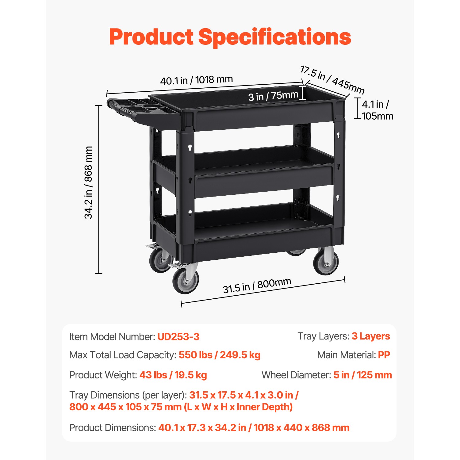 VEVOR Utility Service Cart 3 Shelf 550LBS 360° Swivel Wheels (2 with Brakes)