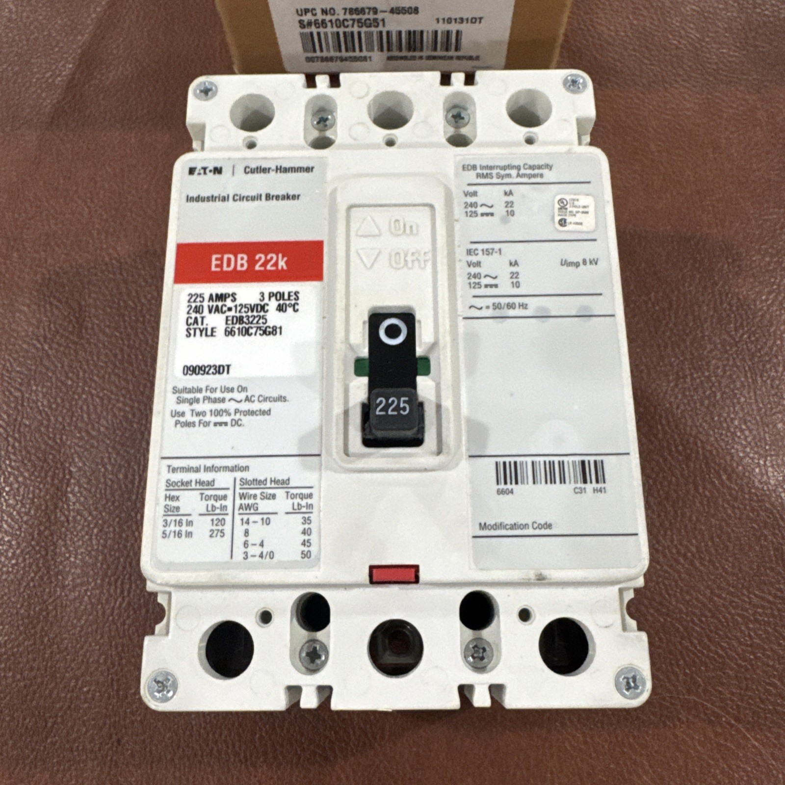 Eaton Cutler Hammer 3P 225A Circuit Breaker EDB3225 EDB 22k 3 Pole 225 Amp