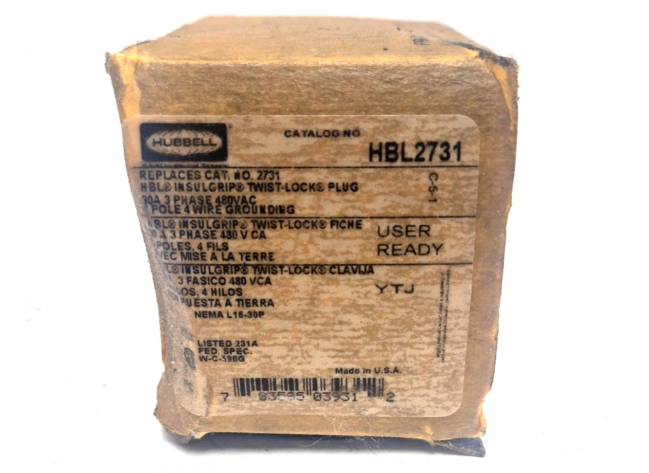 HUBBELL HBL2731 TWIST-LOCK PLUG IN SULGRIP 30A 480VAC 3 POLE 4 WIRE GROUNDING