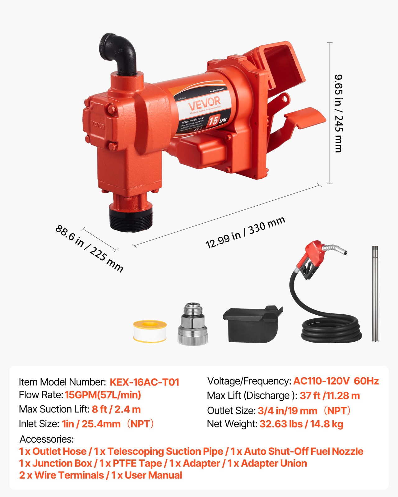 VEVOR Fuel Transfer Pump 110V Electric Oil Pump 15 GPM 57 L/min with Fuel Nozzle