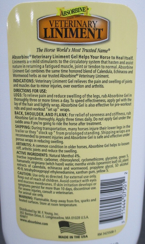 Absorbine veterinary horse liniment gel sore muscle & joint pain relief 12oz