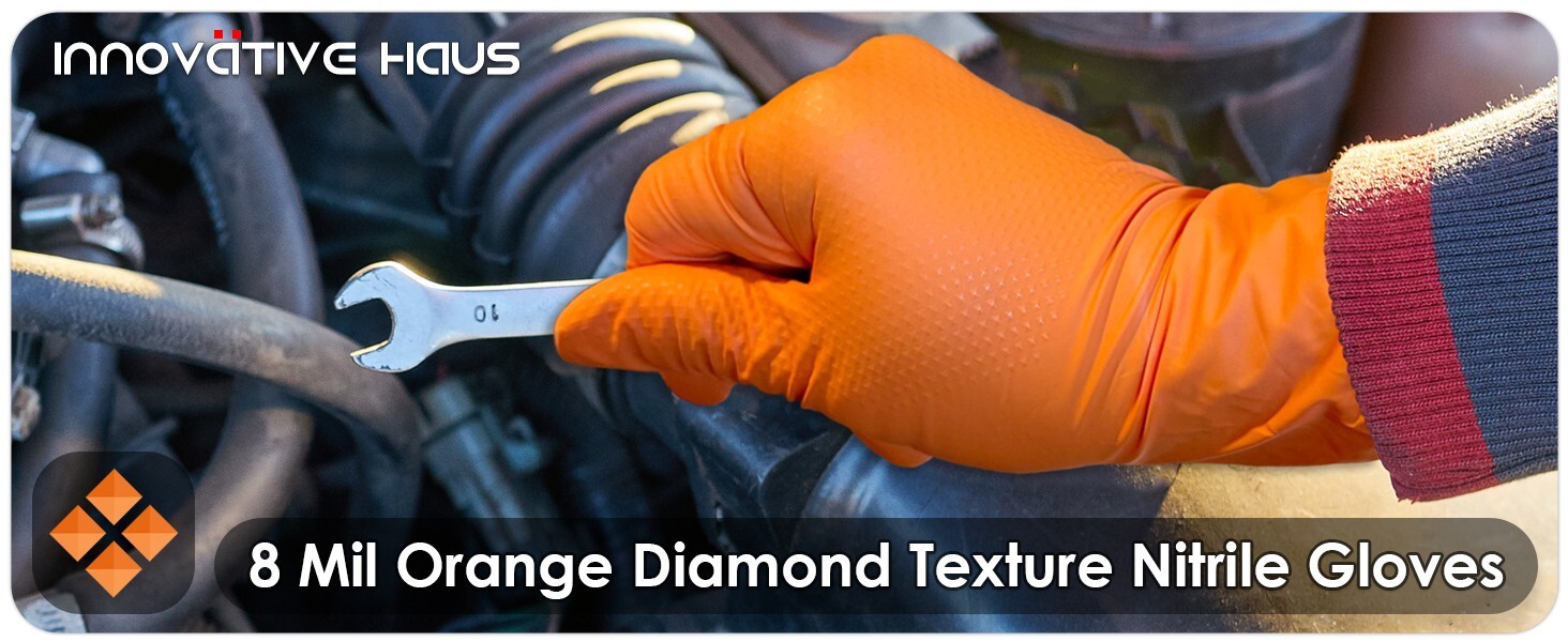8 Mil Orange Disposable Nitrile Gloves. Raised Diamond Texture – Large- 10 Boxes