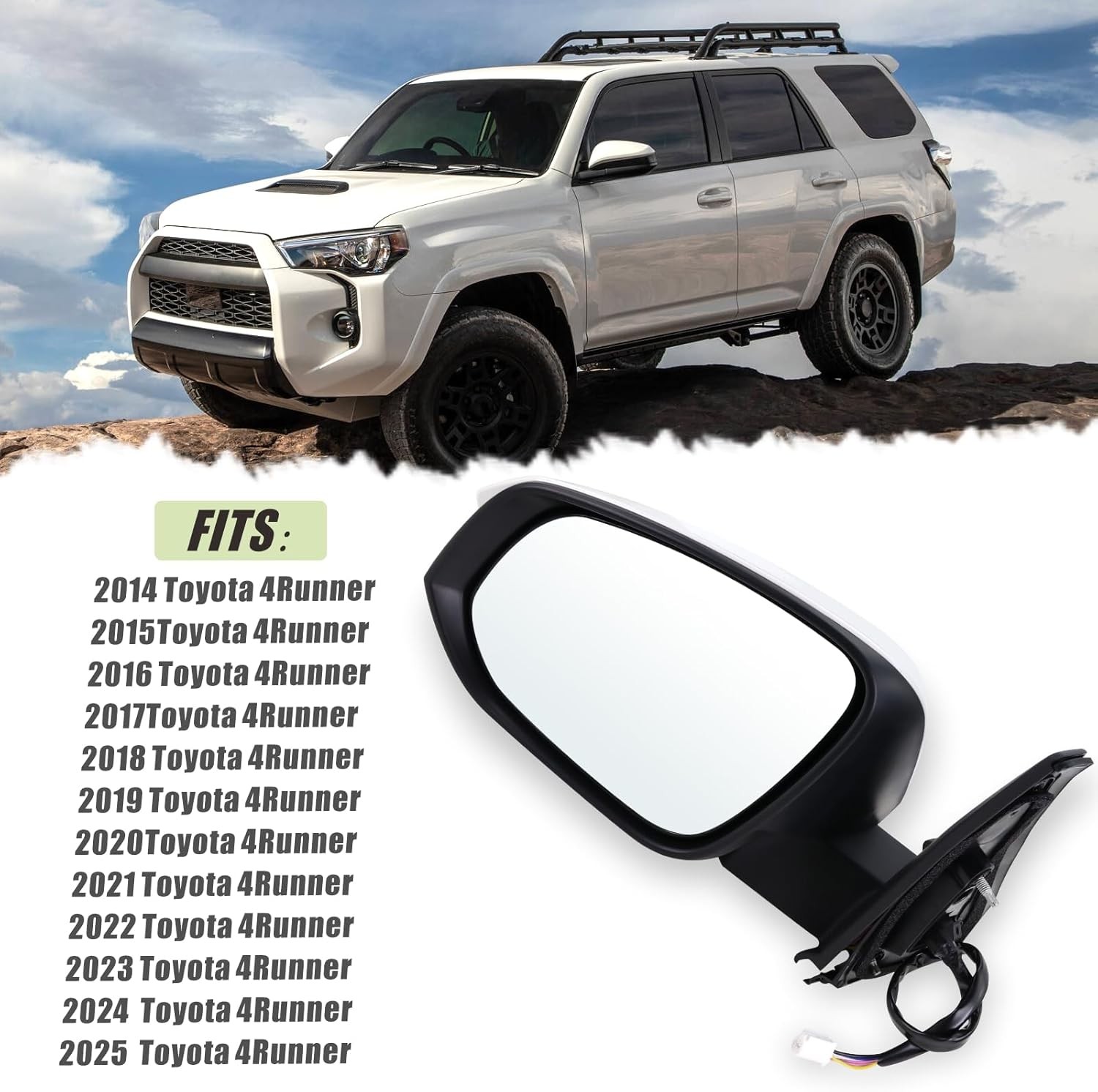 Left Driver Side Mirror Compatible with 2014-2025 Toyota 4Runner with Manual Fol