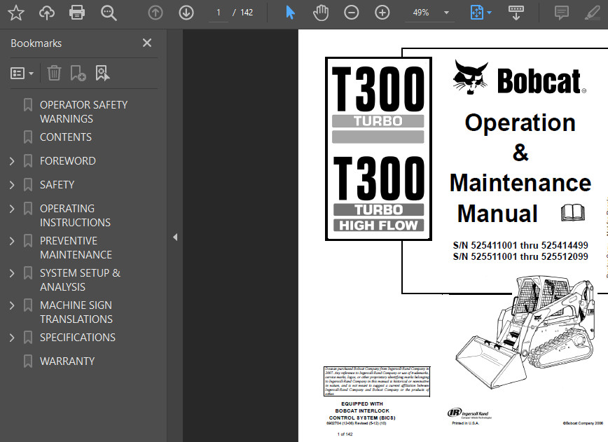 BOBCAT T300 COMPACT TRACK LOADER OPERATORS SERVICE REPAIR SHOP MANUAL PDF USB
