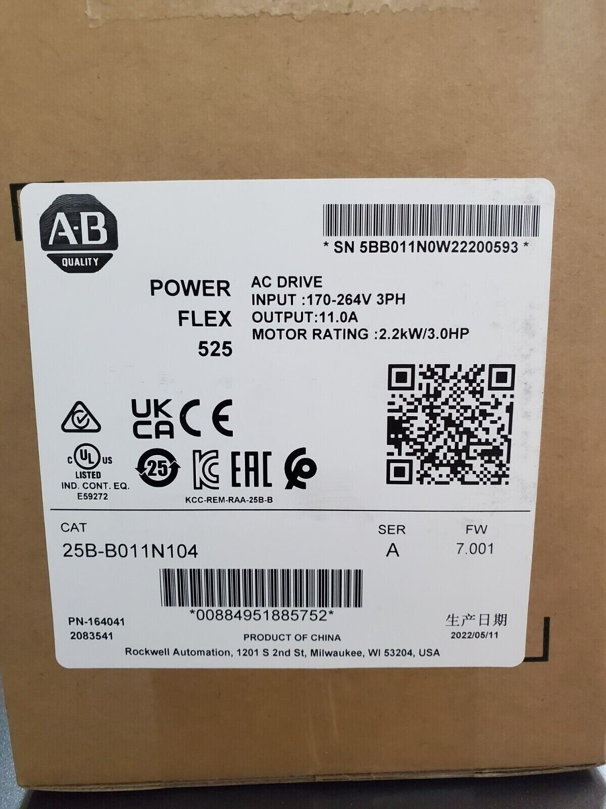 SER A 25B-B011N104 PowerFlex 525 AC Drive 240V/11A/3HP 25BB011N104 New Sealed
